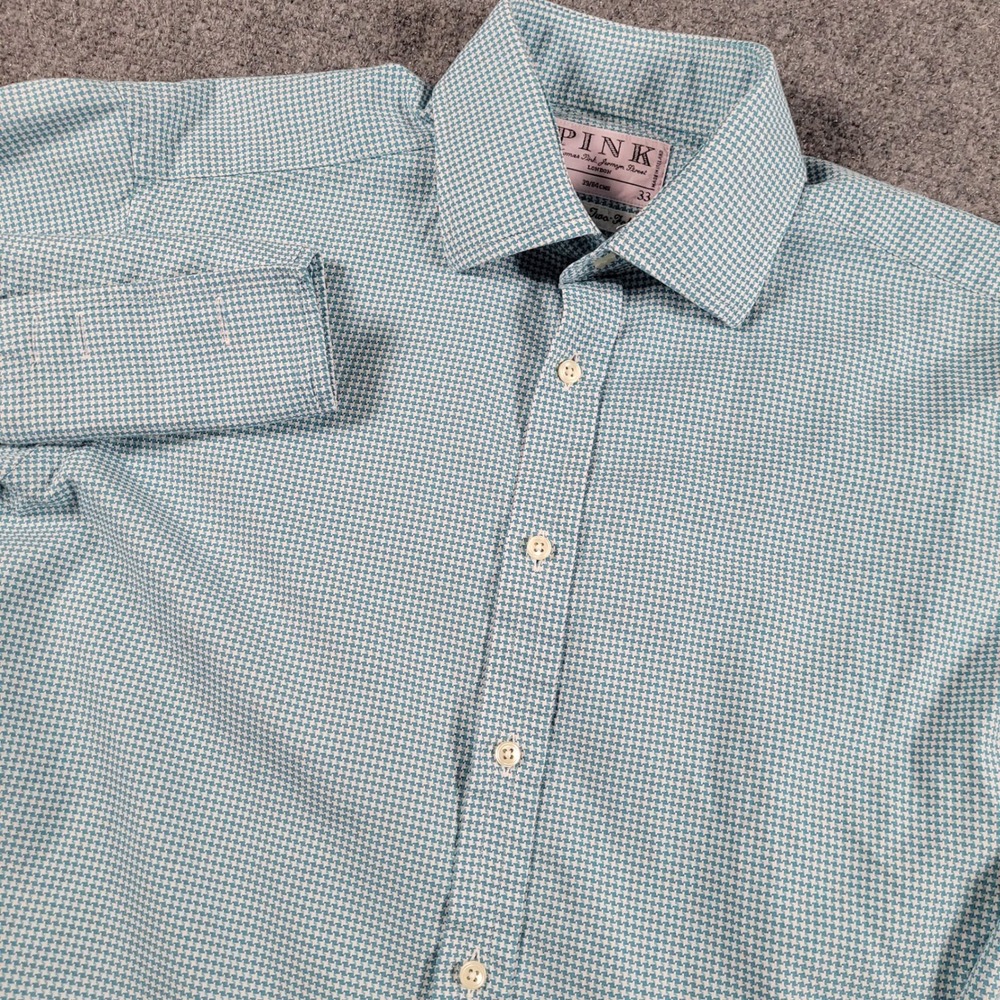 Thomas Pink Dress Shirt Mens 15.5 33 Teal‎ Houndstooth Cotton French Cuff Spread